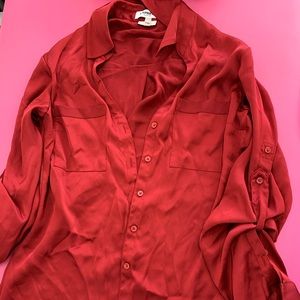 red silk button up shirt